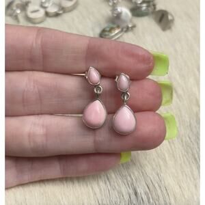 Native American SW Sterling Silver Pink Conch Double Stone Dangle Post Earrings